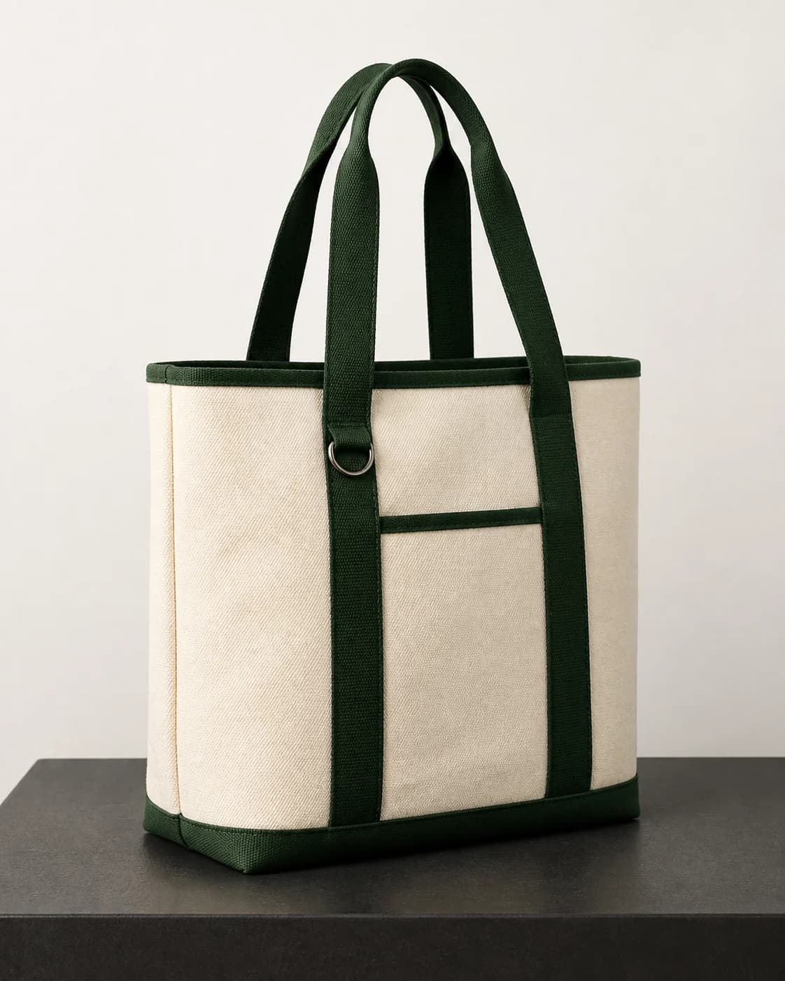 AI concept of an unbranded structured natural-canvas tote with green webbing.