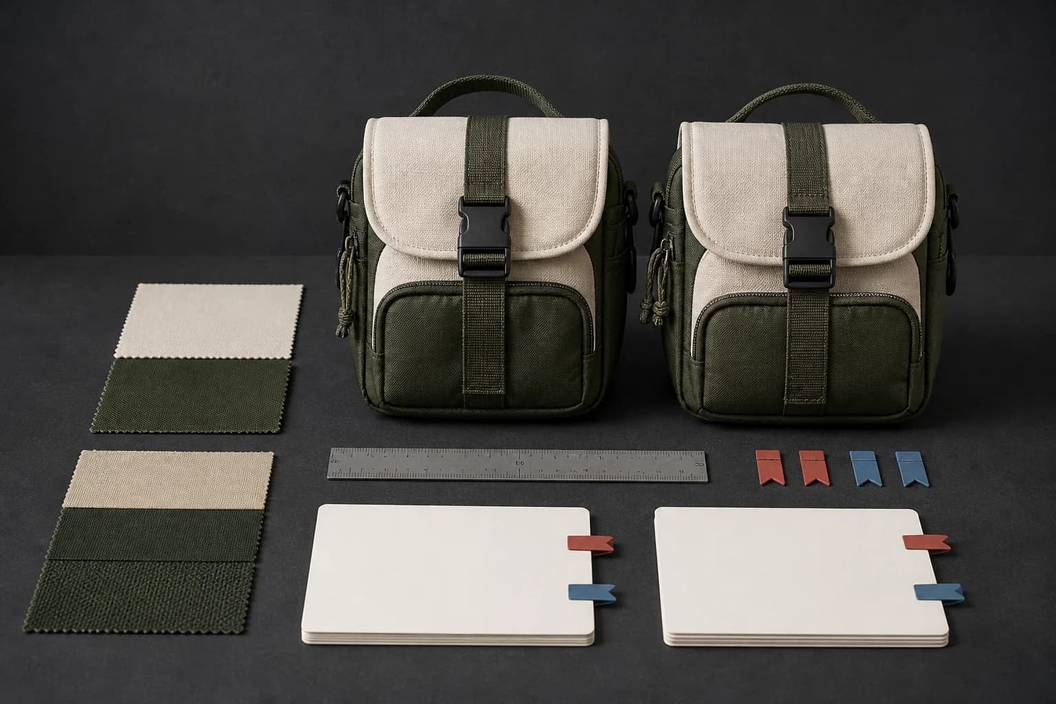 AI concept of two unbranded sample bags beside blank reference cards, swatches and checkpoint markers.
